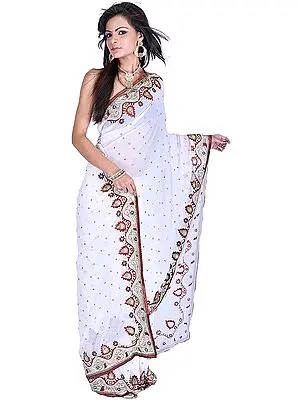 Chic-White Wedding Sari with Embroidered Bootis and Zardozi Border