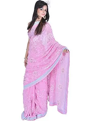 Powder-Pink Sari with Self-Colored Embroidery and Patch Border