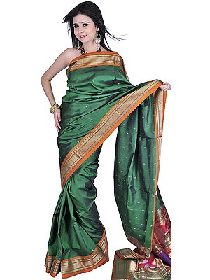 Islamic-Green Authentic Paithani Sari with Birds in Flight Hand-woven on Anchal