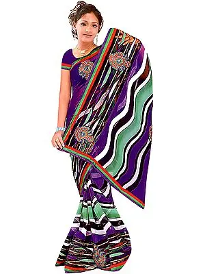 Multi-Color Printed Leheria Sari with Embroidered Bootis