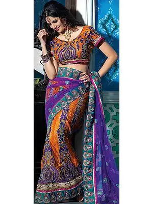 Copper-Coin and Purple Wedding Lehenga-Sari with Aari Embroidered Flowers and Sequins