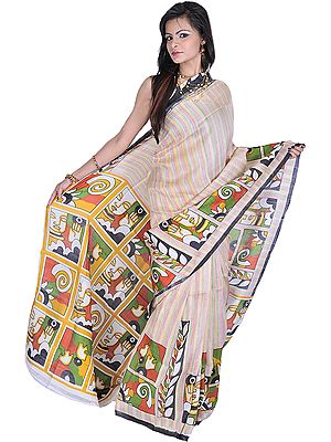 Tri-Color Sari from Kolkata with Auspicious Print