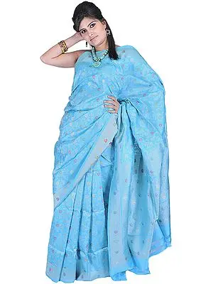Blue Atoll Banarasi Sari with with All-Over Hand-woven Flowers and Brocaded Aanchal