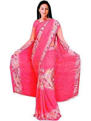 Calypso-Coral Sari with Printed Flowers and Embroidered Sequins