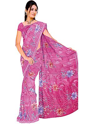 African-Violet Sari with Large Printed Flowers and Thread Work