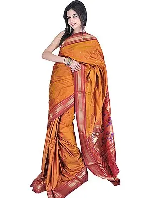 Amber-Gold Paithani Sari with Hand-woven Peacocks on Anchal in Zari Thread