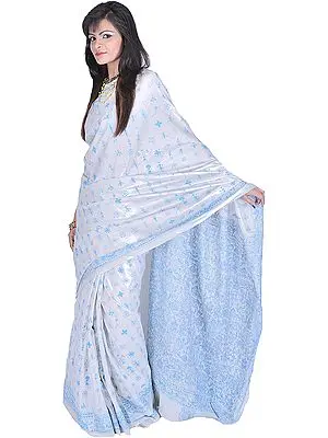 Snow-White Sari with Kantha Stitched Embroidered Folk Figures Inspired by Warli Art