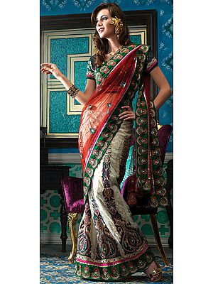 Beige and Red Bridal Lehenga-Sari with Metallic Thread Embroidered Flowers and Patch Border