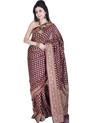 Cordovan Banarasi Sari with All-Over Woven Bootis and Brocaded Aanchal