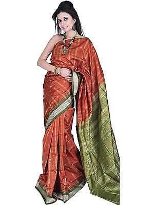 Rust and Green Bomkai Hand-woven Sari from Orissa with Bootis in Golden Thread and Temple Border