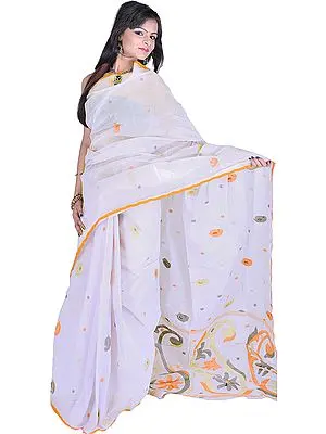 Gray Dawn Dhakai Sari from Kolkata with Hand Woven Paisleys and Flowers