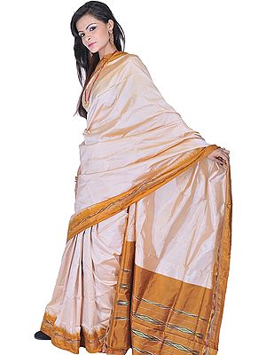 Beige and Mustard Ikat Sari Hand-Woven in Pochampally