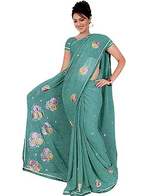 Meadowbrook-Green Sari with Printed Polka Dots and Metallic Thread Embroidered Flowers