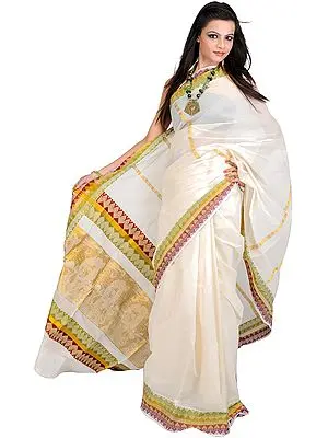 Ivory Handwoven Kasavu Sari From Kerala with Woven Little Krishna on Aanchal