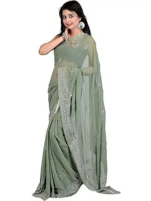 Tea-Green Wedding Sari with Hand-Embroidered Beads and Faux Pearls