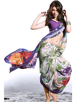 Multi-Color Sari with Digital Printed Rose Flowers