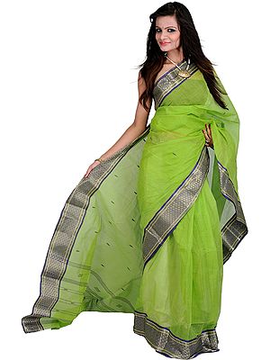 Parrot-Green Tant Sari from Kolkata with Golden Thread Weave on Border and Aanchal