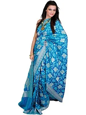 Capri-Breeze-Blue Jamdani Sari from Banaras with All-Over Woven Lotuses by Hand