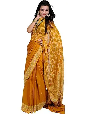 Arrowwood-Yellow Banarasi Handloom Sari with All-Over Woven Flowers and Meenakari Border