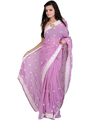 Designer Sari with Thread Embroidered Flowers by Hand