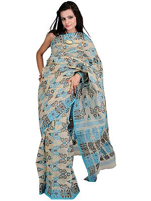 Beige Bengali Tant Sari with All-over Weave by Hand
