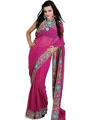 Fuchsia-Red Wedding Saree with Crewel Embroidered Flowers and Sequins