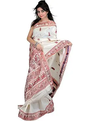 Ivory Baluchari Sari from Bengal with Hand Woven Dancing Apsaras on Aanchal
