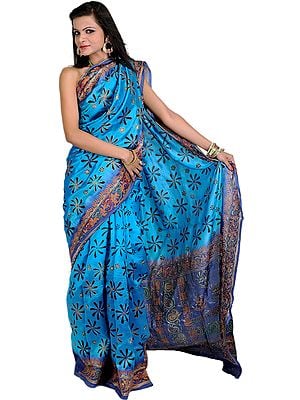 Aquarius-Blue Printed Sari from Kolkata with Metallic Thread Embroidered Flowers and Sequins