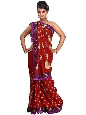 Tango-Red Bridal Saree with Embroidered Paisleys All-over