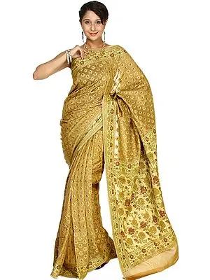 Mustard-Gold Banarasi Sari with All-Over Woven Flowers and Meenakari Border