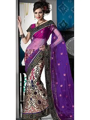 Beige and Purple Bridal Lehenga-Sari with Metallic Thread Embroidered Flowers and Patch Border