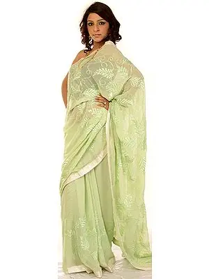 Pistachio-Green Designer Sari with Thread Embroidered Sequins and Patch Border