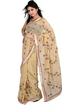 Beige Designer Sari with Metallic Thread Embroidered Flowers and Patch Border