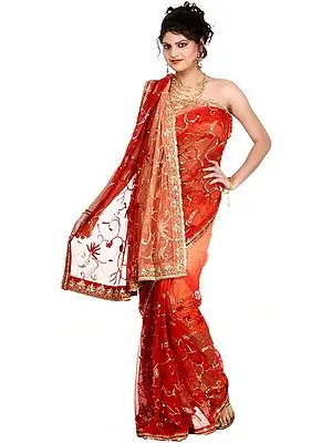Rosette Bridal Sari with Thread Embroidered Sequins All-Over