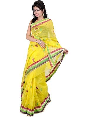 Buttercup-Yellow Chanderi Saree with Hand-Woven Birds and Striped Border