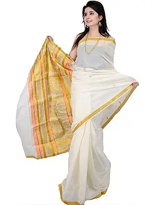 Ivory Handwoven Kasavu Sari From Kerala with Woven Bal Krishna on Aanchal