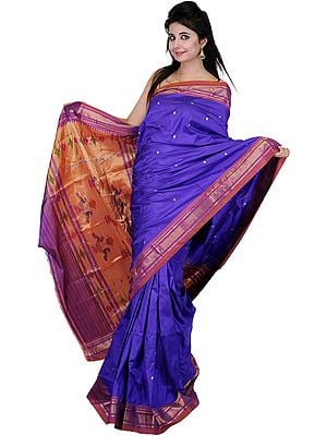 Royal-Blue Authentic Paithani Sari with Peacocks Hand-woven on Anchal