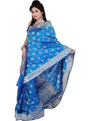 Federal-Blue Jamdani Sari with All-Over Woven Flowers and Brocaded Aanchal