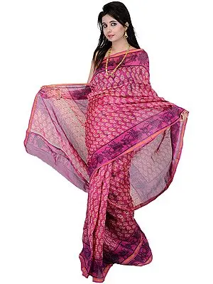 Magenta-Haze Block Printed Chanderi Sari with Folk Figures on Border