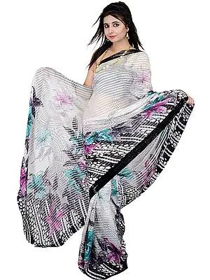 Crem-Berry Mokaish Sari with Printed Polka Dots and Sequins Embroidered Patch Border