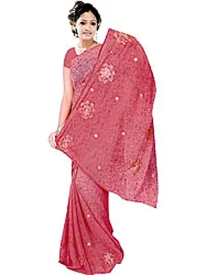 Printed Sari with Metallic-Thread Embroidered Flowers