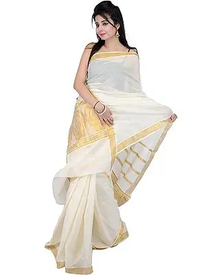 Ivory Kasavu Sari from Kerala with Woven Kathakali Mask on Aanchal