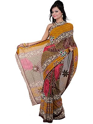 Mustard and Brown Bandhani Sari with Printed Paisleys and Flowers
