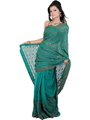 Antique-Green Designer Sari with Metallic Thread Embroidered Flowers and Sequins