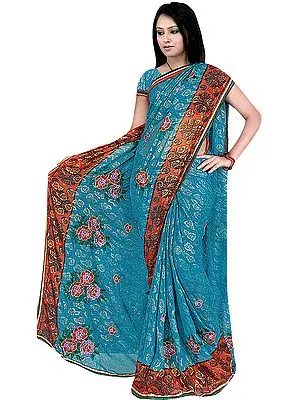 Brittany-Blue Shimmering Sari with Crewel Embroidered Flowers