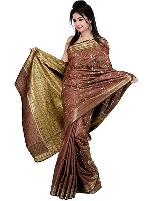 Hawthorn-Rose Banarasi Sari with Tanchoi Weave and Aari Embroidery