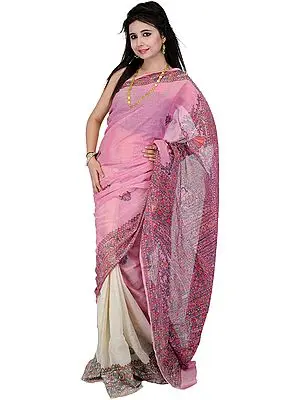 Orchid-Smoke Madhubani Sari from Bihar with Hand-Painted Flowers
