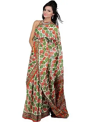 Cream Sari from Kolkata with Printed Leaves