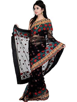 Black Designer Sari with All-Over Embroidered Flowers and Sequins