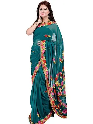 Alpine-Green Sari from Kashmir with Aari Embroidered Flowers All-Over